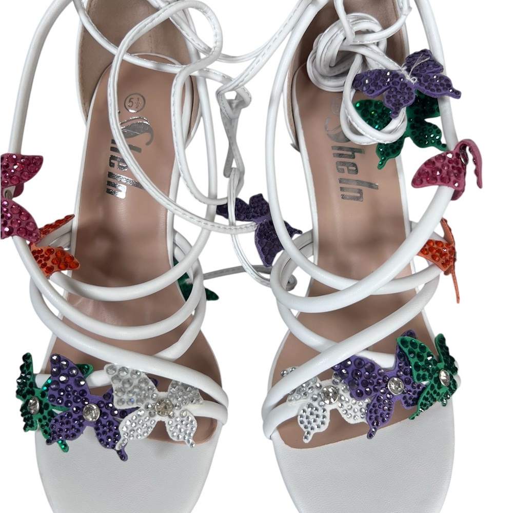 SHEIN White Sandals with Colorful Butterfly Embellishments Size 5.5